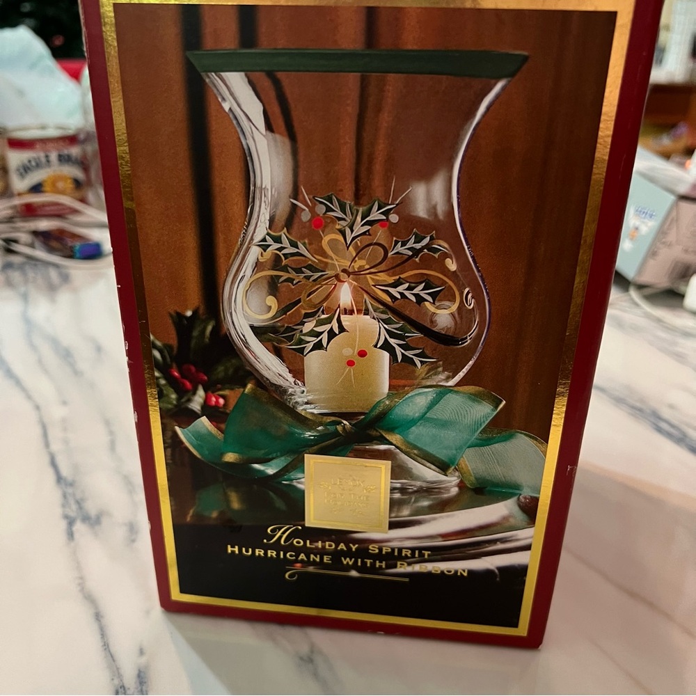 NIB Lenox Holiday Spirit Hurricane with candle and ribbon